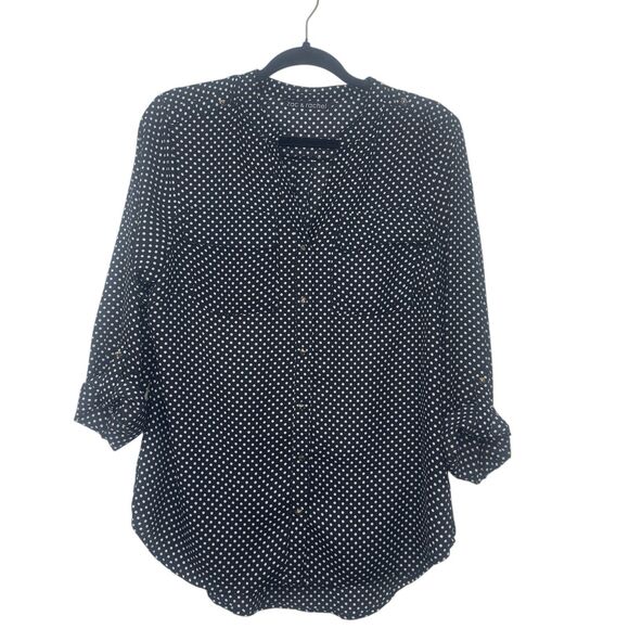 Zac & Rachel Anthropologie Sheer Blouse Black White Polka Dot Button Up Large - Picture 1 of 7